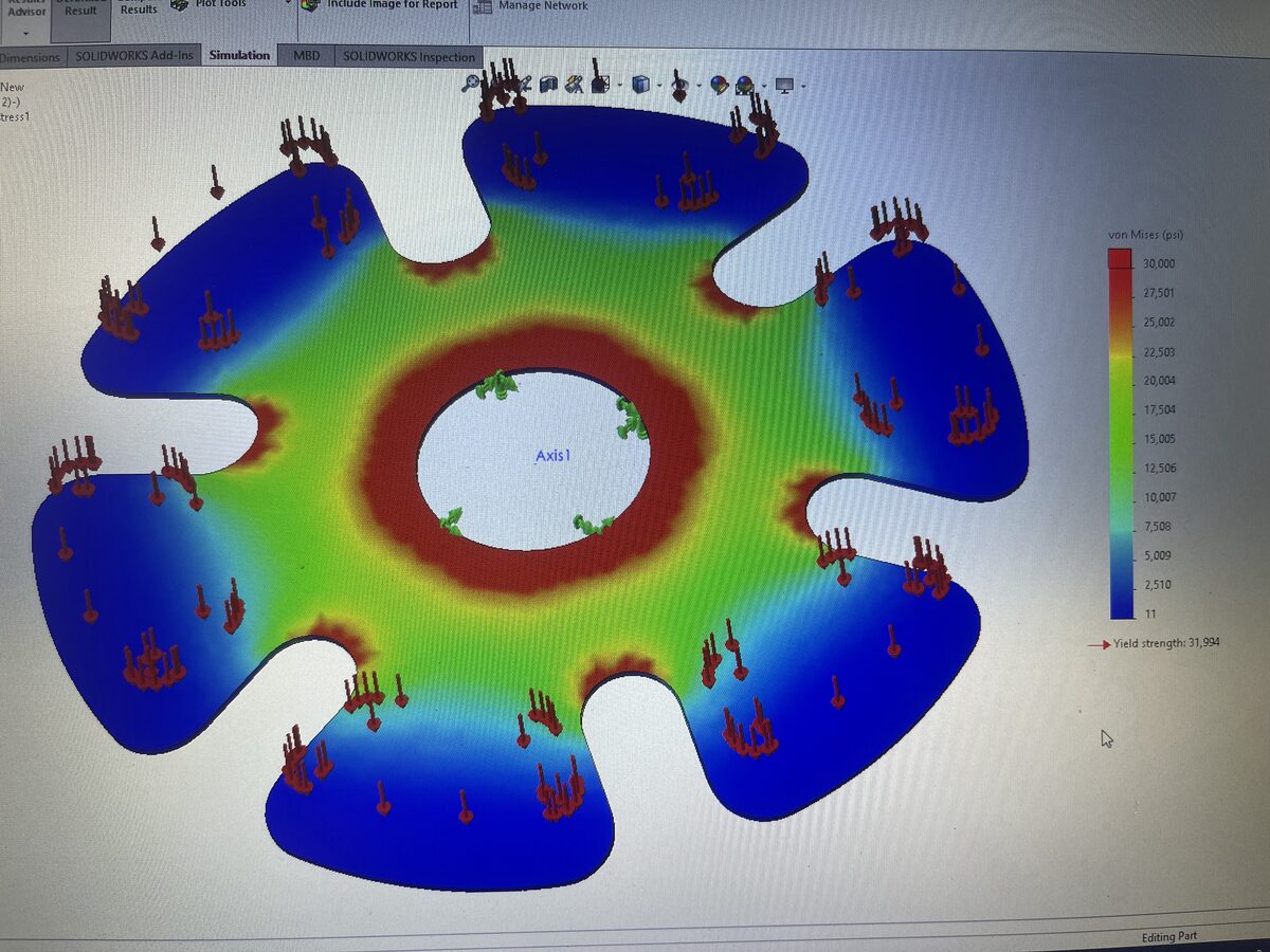 FEA von Mises stress analysis simulation in SolidWorks for structural validation of custom-engineered components at The High Road Manufacturing